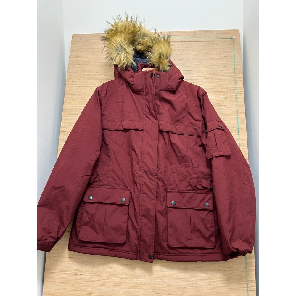 Wantdo Mens‎ Burgundy Winter Parka Jacket Faux Fur Hood Fleece Lined Large